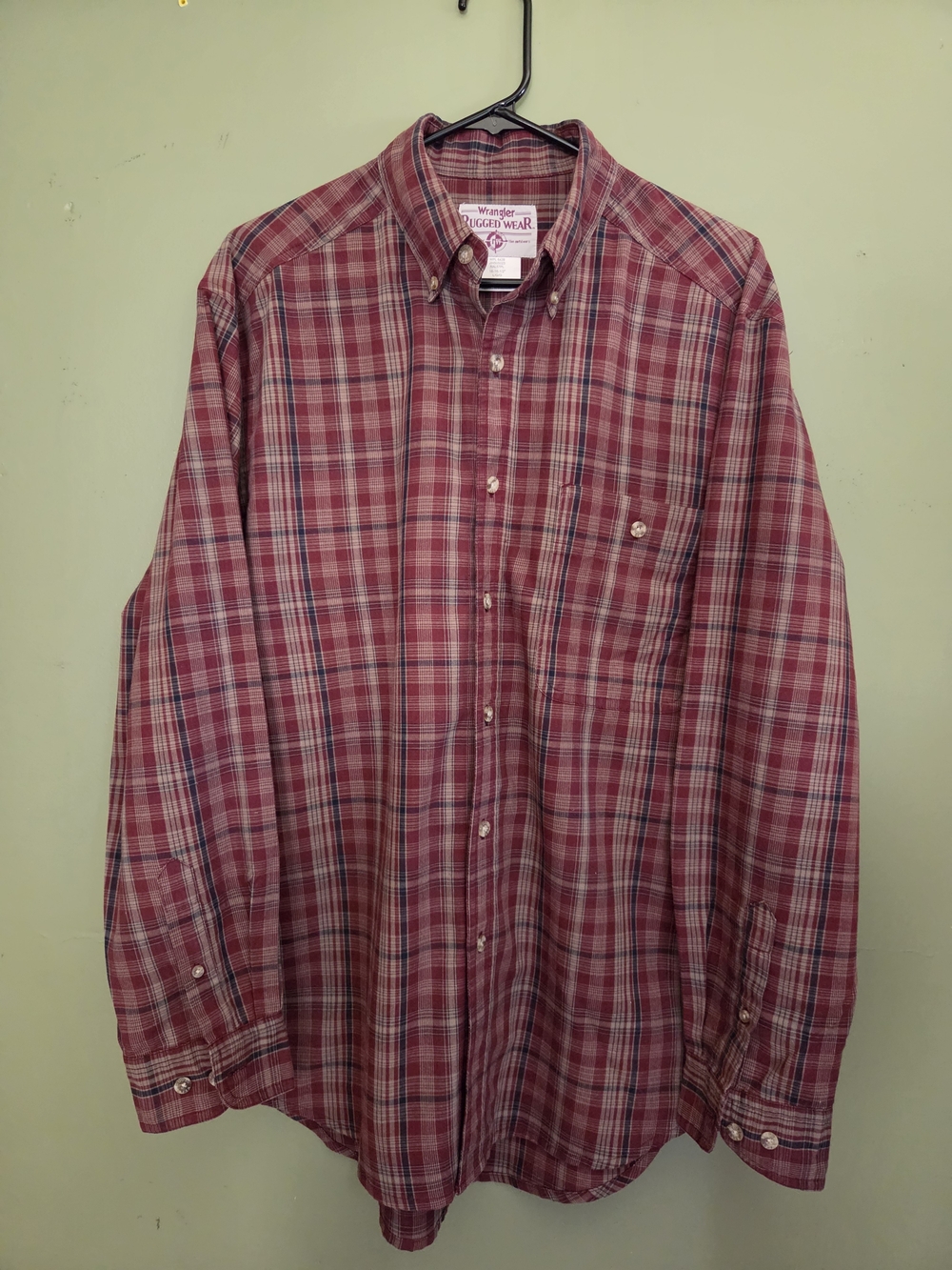 Wrangler Rugged Wear Men's Maroon Plaid Button-Down Shirt